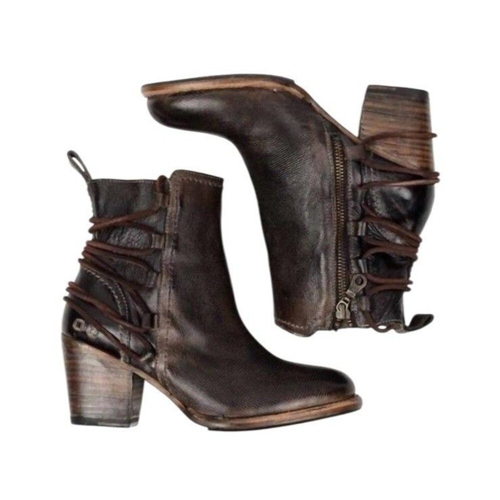 Bed Stu Leather Ankle Booties Vibram Womens 6.5 Lace/Zip Up Rustic Cobbler Brown